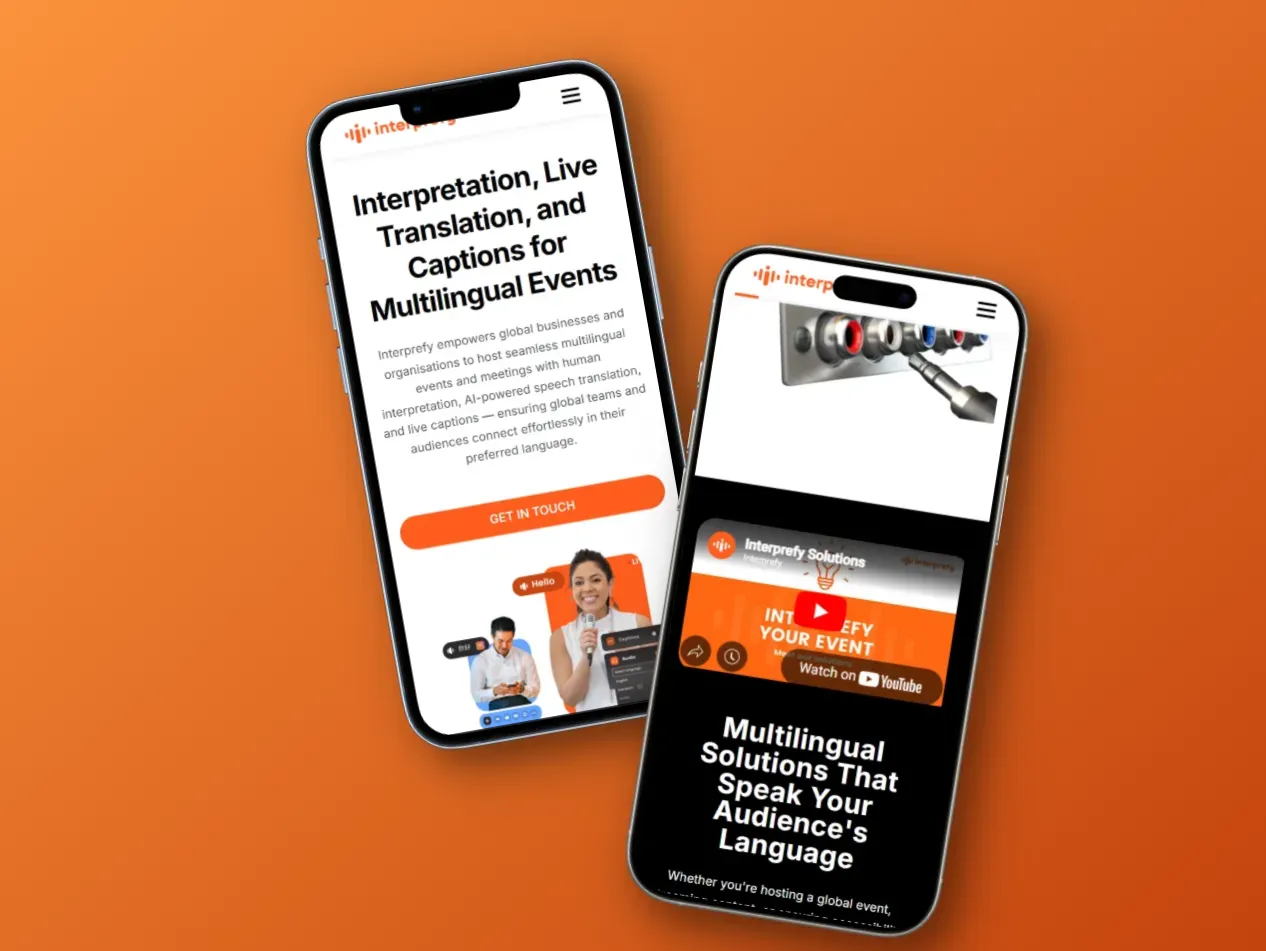 Dos móviles con la web de interprefy: interpretación, traducción en directo y subtítulos para eventos multilingües