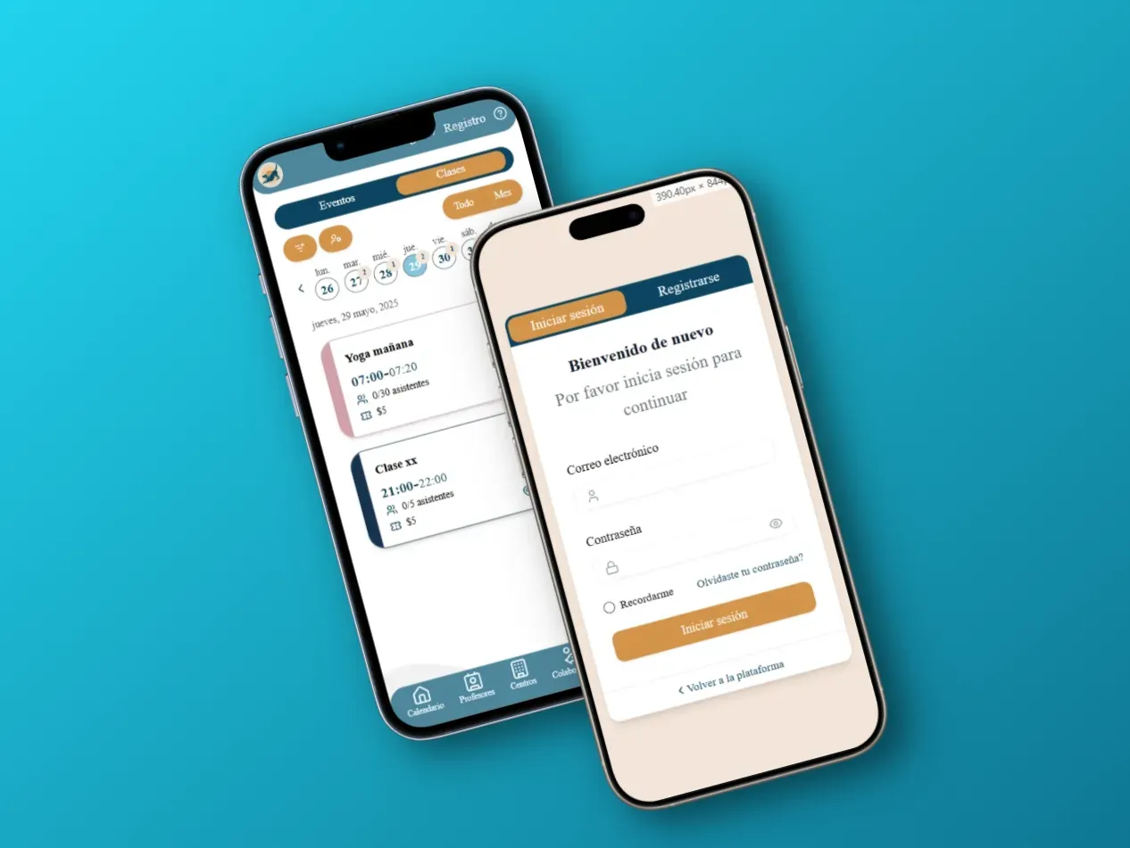 Dos móviles con la app de Yog-In: el horario de clases y el formulario de alta a una sesión