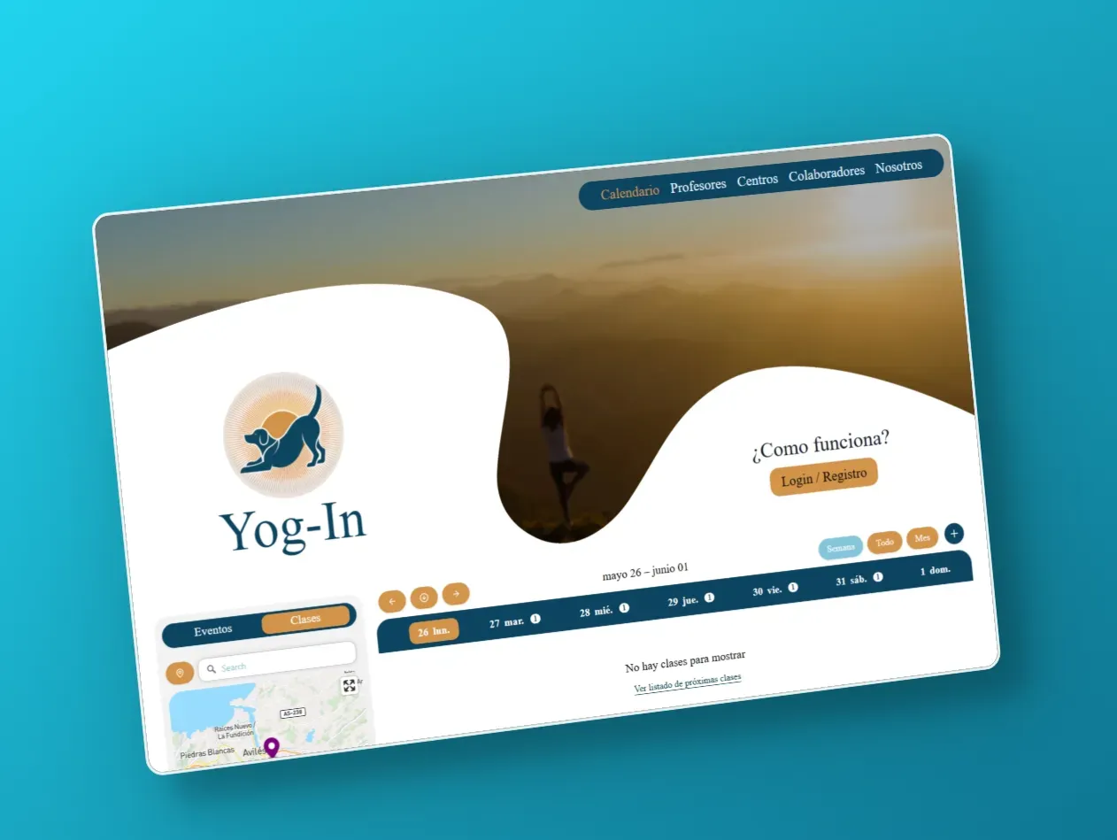 El panel de Yog-In en escritorio, con el calendario de clases y el acceso de registro